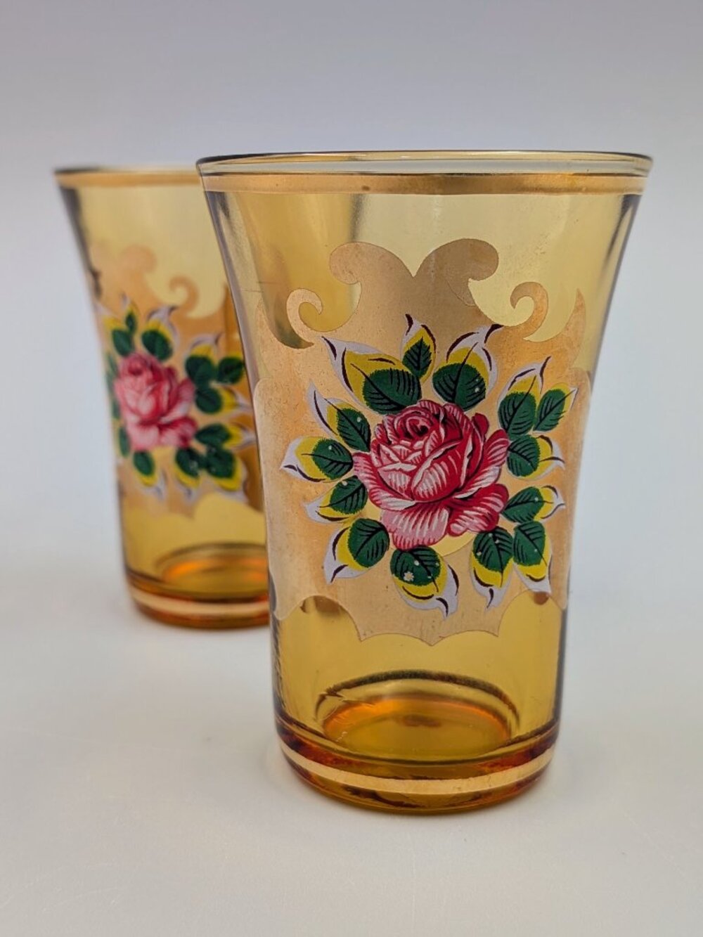 Vintage Amber Glass Shot Glasses with Roses & Gold Trim